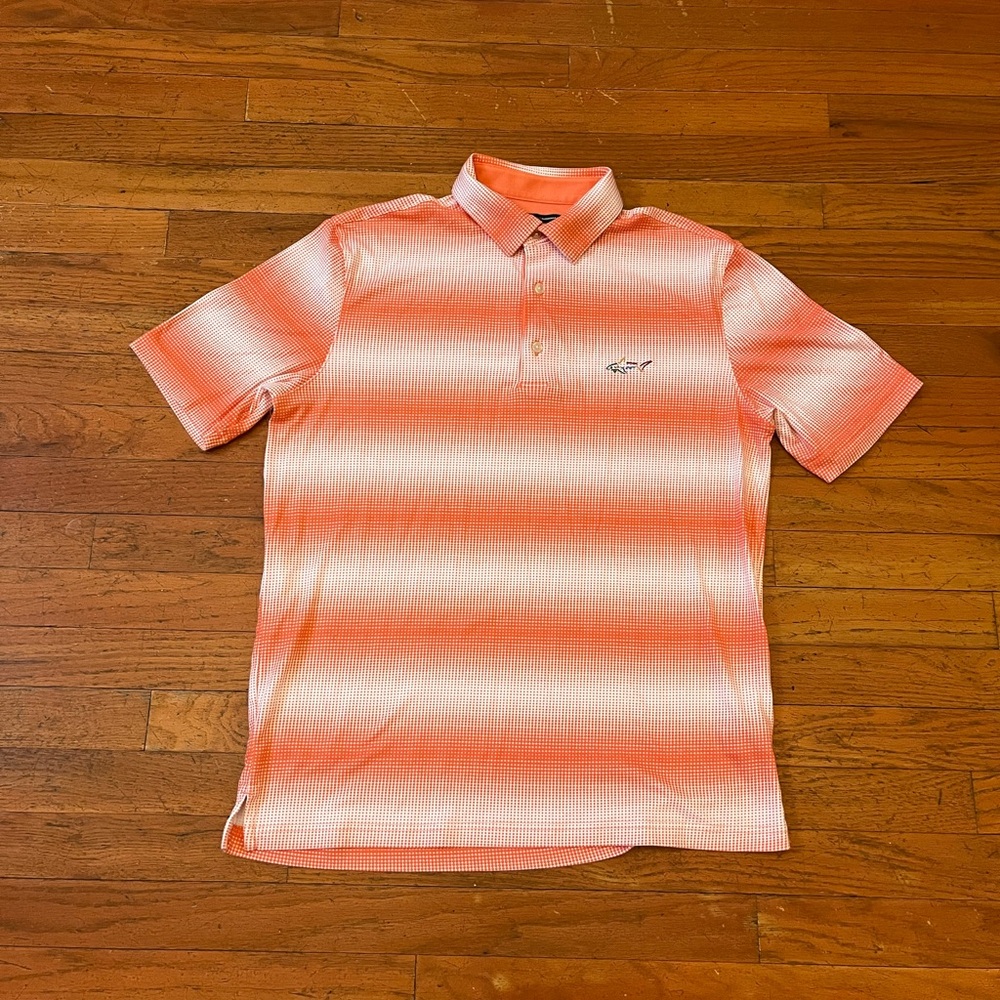 Greg Norman Mens M Polo Golf Shirt Orange Geometric Summer Comfort Front Shark